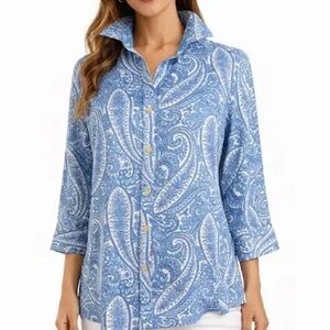 Talbots 8 petite paisley Button Down Blue Shirt Top blouse work wear white